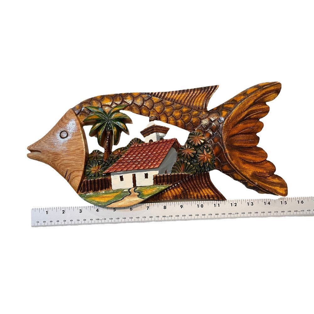 Hand Carved and Hand Painted Wall Hanging, Fish Design, Art Deco